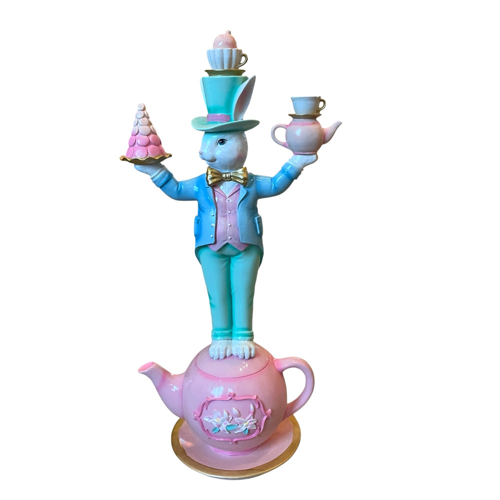 Tophat & Tail 24in Balancing Bunny On Teapot VIRAL Pastel Easter Decor New